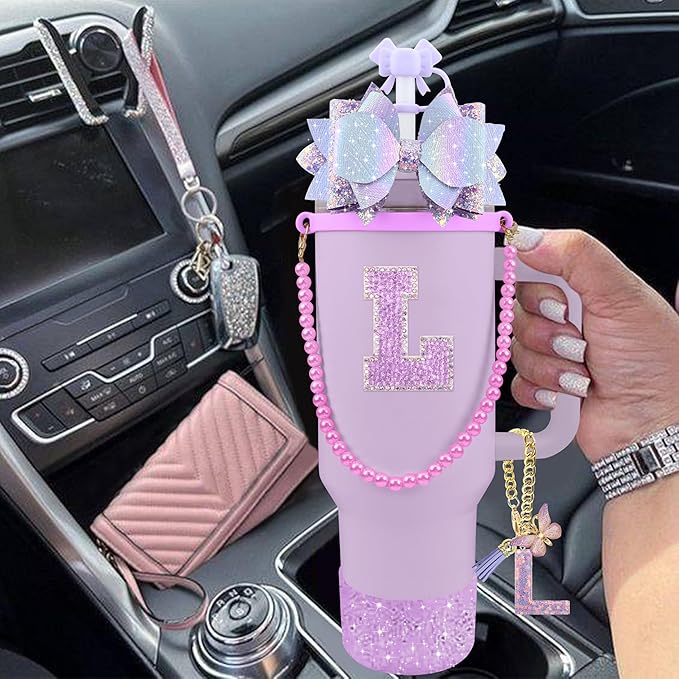 9PCS Purple for Stanley Cup Accessories Set Bling Initials Bow Charms for Stanley Decorations 30/40 Oz Tumbler Accessories Including Bow Straw Topper, Handle Strap, Spill Stopper（Letter L）