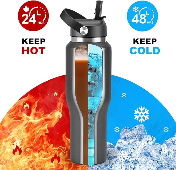 HYDROWION 32oz Stainless Steel Water Bottle(Cold for 48 Hrs, Hot for 24 Hrs),Double Wall Vacuum Insulated Water Bottle with Straw Lid, Spout Lid and Flex Cap, Fit in Any Car Cup Holder,Black