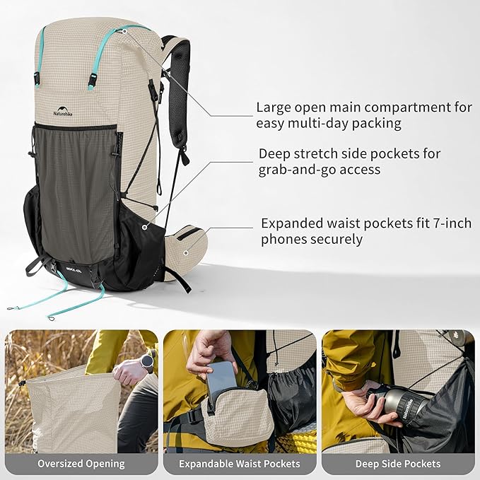 Naturehike 45L Rock 2.0 Upgraded Internal Frame Hiking Backpack for Outdoor Camping Travel Backpacking, Ultralight Backpack for Adults(White/M/45L)