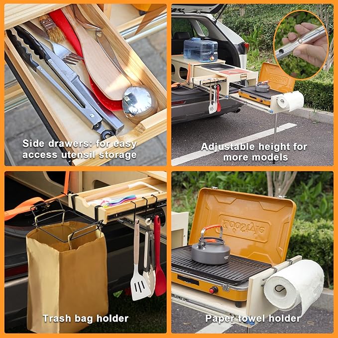 Wooden Overland Camping Slide-Out Kitchen with Drawer, Left Side, for SUV/Storage Space, for 2 Burners Stove, Folding Design