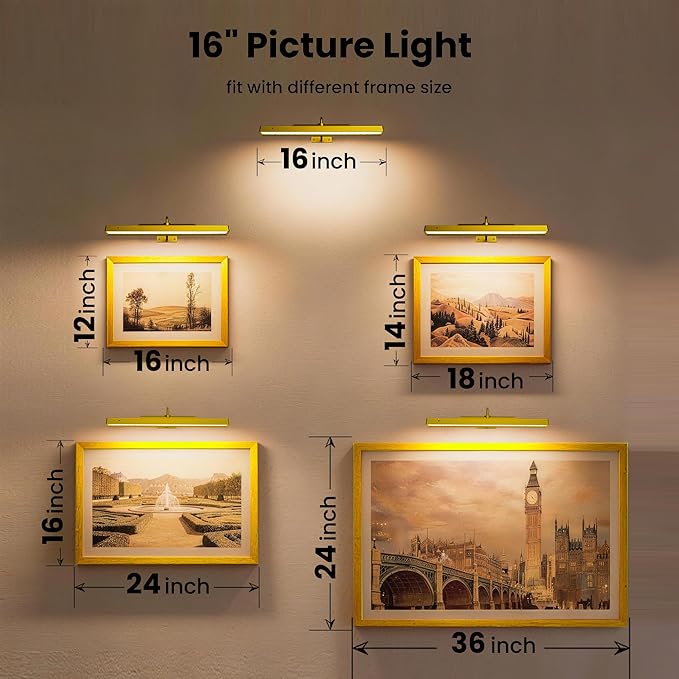 Picture Light Gold 2Pack, 5000mAh Battery Opertated Cordless Picture Lights for Wall, 16in CCT Dimmable with Touch Control for Wall Painting,Frame, Portrait, Dartboard