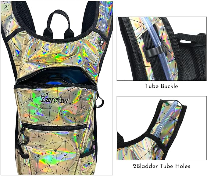 Zavothy Rave Hydration Backpack with 3L Bladder, Colorful Festival Hydration Pack with Side Pockets, Lightweight Water Backpack for EDM, Music Festivals, Hiking & Cycling