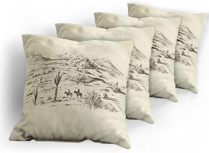Ambesonne Western Decorative Throw Pillow Case Pack of 4, Wild West Landscape Illustration Mountains Desert Plants Cowboys on Horses, Cushion Cover for Couch Living Room Car, 16", Beige Black