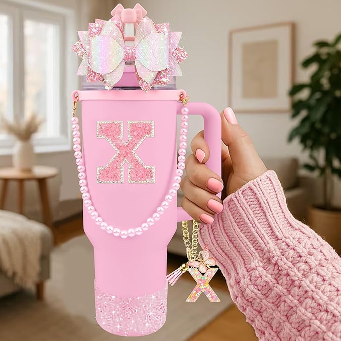 9PCS Pink for Stanley Cup Accessories Set Bling Initials Bow Charms for Stanley Decorations 30/40 Oz Tumbler Accessories Including Bow Straw Topper, Handle Strap, Spill Stopper（Letter X）