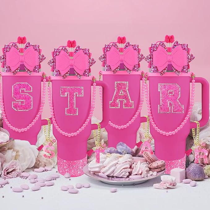 9PCS Hot Pink for Stanley Cup Accessories Set Bling Initials Bow Charms for Stanley Decorations 30/40 Oz Tumbler Accessories Including Bow Straw Topper, Handle Strap, Spill Stopper（Letter M）