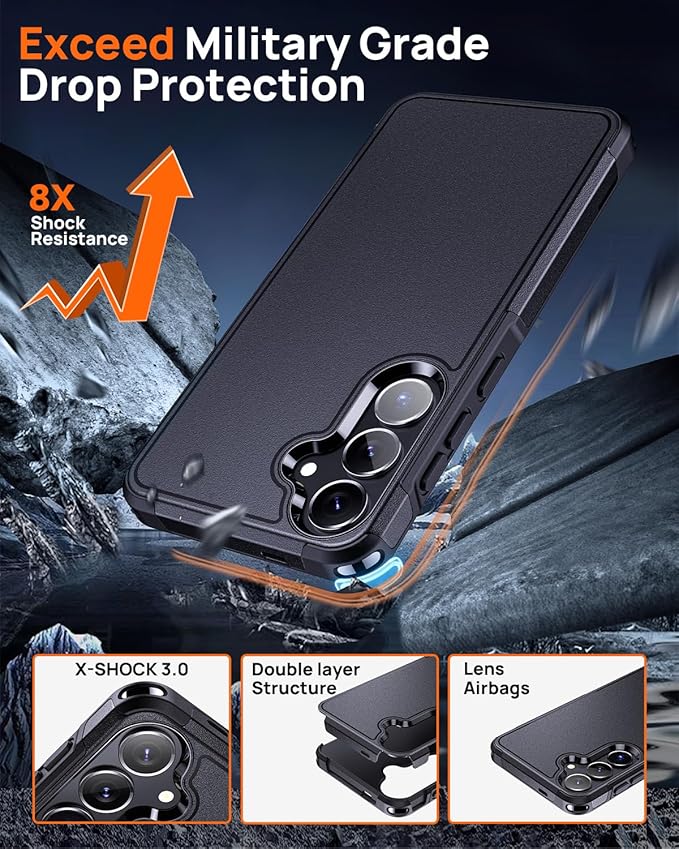 Lanhiem Magnetic for Samsung Galaxy S25 S24 Phone Case with Tempered Glass Screen Protector, Shock Absorption, Anti-Scratch Shockproof Case Cover for Samsung S25 S24, Black