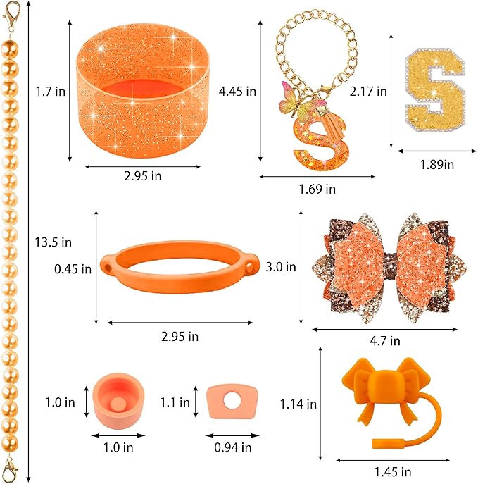 9PCS Orange for Stanley Cup Accessories Set Bling Initials Bow Charms for Stanley Decorations 30/40 Oz Tumbler Accessories Including Bow Straw Topper, Handle Strap, Spill Stopper（Letter S）