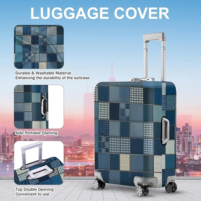 ANNA QUEEN Blue Patchwork Luggage Cover, Modern Grid Suitcase Protector, Stretchable Washable Cover for 32-34 Inch Luggage
