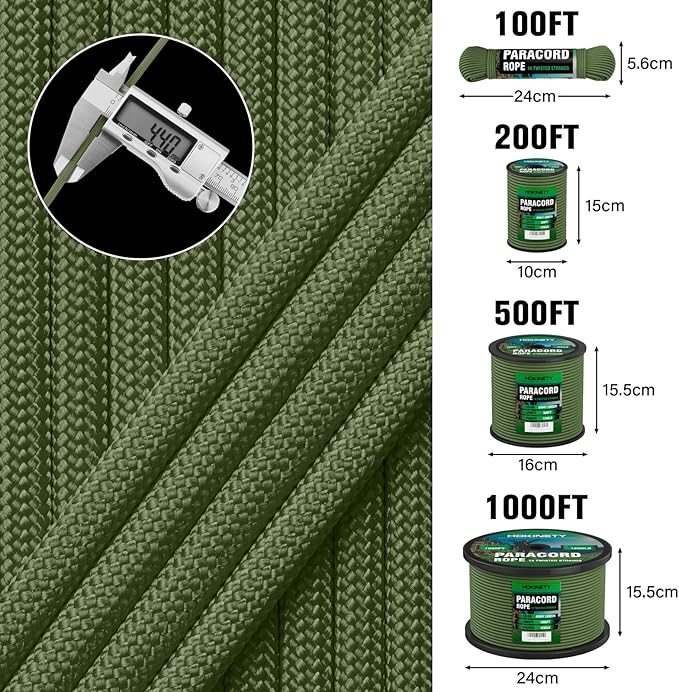 1200 Paracord Rope - 4.4mm 14 Strand Nylon Parachute Spool para Cord Lanyard for Outdoor Camping Survival Utility Tent Crafting DIY Projects Fishing Clothsline Bracelet - Camo Green 200FT
