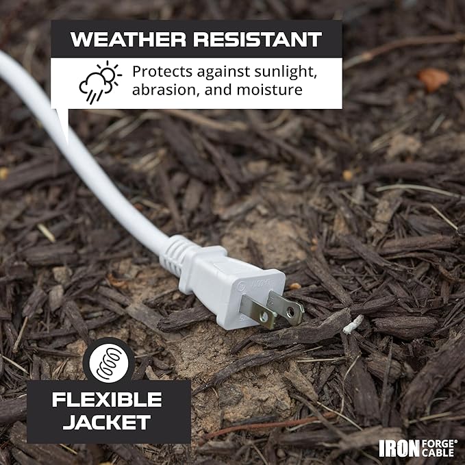 Iron Forge Cable 2 Prong Outdoor Extension Cord 6 ft, 16/2 SJTW 6 Foot White Extension Cord, Weatherproof - Great for Outdoor Lights, Deck, Patio