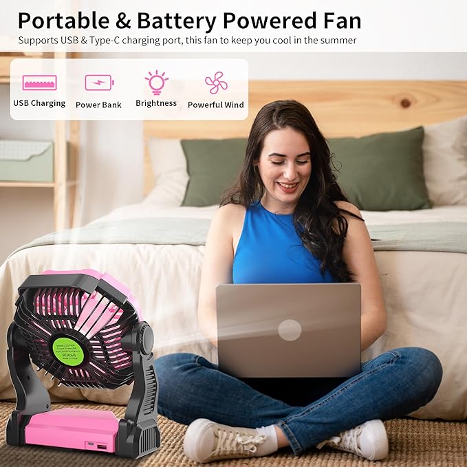 Portable Fan Rechargeable Camping Essentials, Cordless Camping Fan Battery Powered with Led Lights & 360°Hook, USB Battery Operated Fans for Women,4 Speeds Tent Portable for Traveling X23 Pink