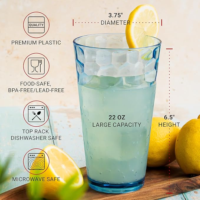 Bravario Hammered Plastic Drinking Tumbler, Dishwasher-Safe Premium Quality Water Glasses, BPA-Free Reusable Mixed Colors Assorted Stackable Cups, 22 oz Set of 12