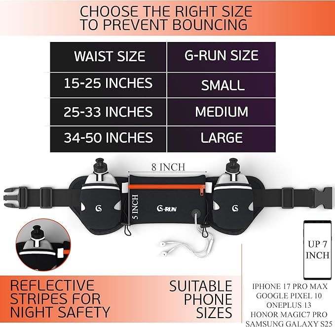 Q-RUN Hydration Running Belt with 2 x 10oz Water Bottles, No Bounce Adjustable Waist Belt for Men & Women, Marathon Running Gear