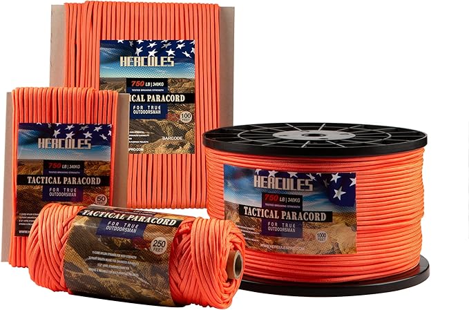 HERCULES 750lb Paracord 4mm 11 Strands Tactical Parachute Cord, 50' 100' 250' 1000' Utility Rope for Camping, Survival, Outdoor Gear (Neon Orange, 50FT)