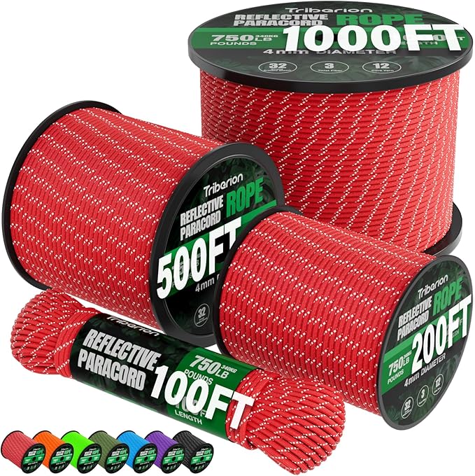 Reflective Paracord Rope 750 lb - 200ft 5/32" Parachute Cord 4MM 12-Strand para Cord - Heavy Duty Spool String for Survival,Camping Gear, Survival Bracelet, Clothesline - Red