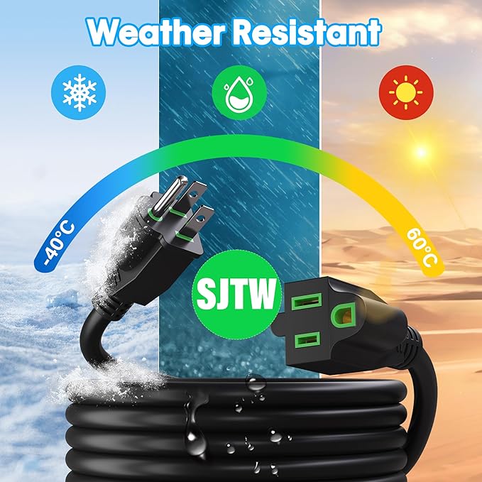 Adoreen Outdoor Power Extension Cord 30 Ft, 3 Prong 16 AWG Grounded Wire Heavy Duty Weatherproof Electric Cable for Indoor Christmas Light Lamp, 13A 125V 1625W, SJTW-ETL- Black with Green