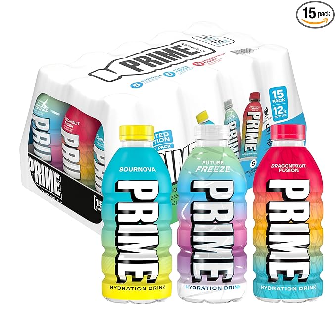 PRIME Hydration VARIETY Sports Drinks, Electrolyte Enhanced to Replenish Fluids, 177mg BCAAs, B Vitamins, Antioxidants, Low Sugar, 12 Fl Oz (Pack of 15)