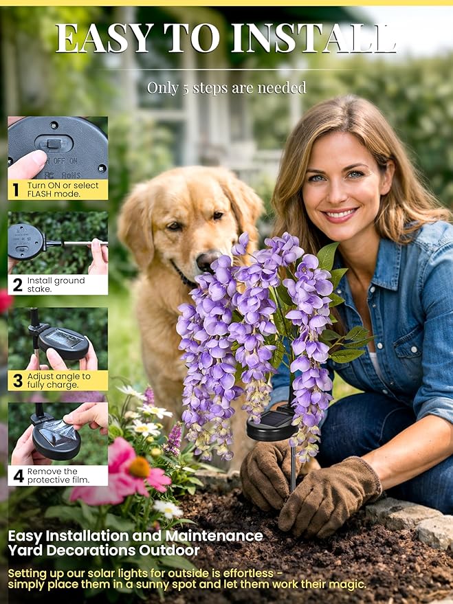 GIGALUMI Solar Lights Outdoor for Garden Decor, 3 Pack Solar Flower Lights Waterproof, 2 Lighting Modes Wisteria for Pathway,Yard, Patio Decoration, Gardening Gifts for Women (Multi-Colored)