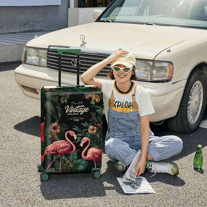 ANNA QUEEN Tropical Pink Flamingos Travel Luggage Cover -Stretchable Airplane Suitcase Protector Sleeve,Universal Washable Fit for 20-22 Inch Checked Baggage,Water Resistant Durable Luggage Protector