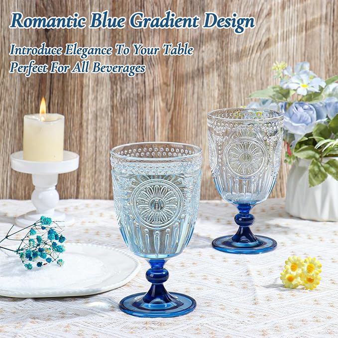 XUWAIDSGN 6Pcs Plastic Vintage Wine Glasses 13.5oz Reusable Embossed Goblet Glasses Blue Gradient Retro Wine Glassware Unbreakable Stemmed Champagne Water Cups for Wine Cocktail Juice Wedding