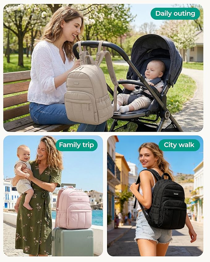 BAGSMART Diaper Bag Backpack, Multi-Pocket Puffy Diaper Bag with Waterproof Changing Pad, Lightweight Stroller-Friendly Diaper Bag with Insulated Pockets, Easy-Access Baby Essential, Green