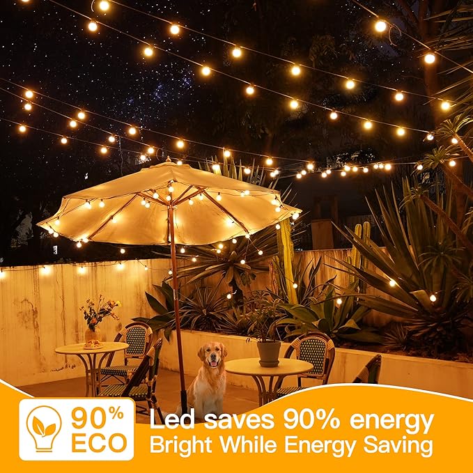 Ollny 100FT Outdoor String Lights, Waterproof Connectable Shatterproof Outside Light with 50 Edison + 3 Spare LED Bulbs Plug in, Patio Lights for Indoor Balcony Porch Camping Deck