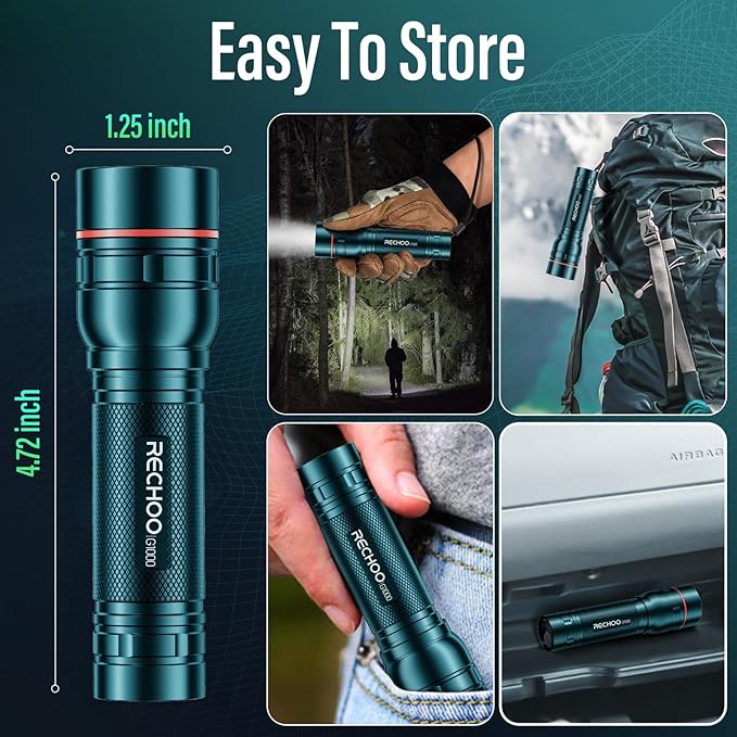 RECHOO Rechargeable Flashlight 2 Pack, Bright Military Grade Torch Light High Lumens with Adjustable Focus & 3 Lighting Modes, Lightweight Waterproof Led Flashlight for Camping Home, Teal Blue
