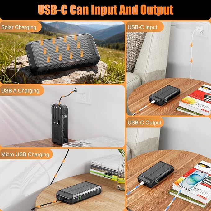 Solar Power Bank 33800mAh Wireless Portable Charger with Built-in 4 Cables, Fast Charging Battery Pack with 7 Outputs,4 Inputs, LED Camping Flashlight,Compass(Black)