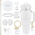 9PCS White for Stanley Cup Accessories Set Bling Initials Bow Charms for Stanley Decorations 30/40 Oz Tumbler Accessories Including Bow Straw Topper, Handle Strap, Spill Stopper（Letter E）