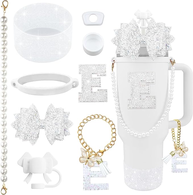9PCS White for Stanley Cup Accessories Set Bling Initials Bow Charms for Stanley Decorations 30/40 Oz Tumbler Accessories Including Bow Straw Topper, Handle Strap, Spill Stopper（Letter E）