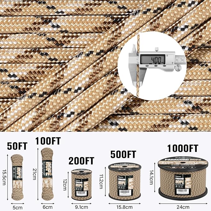 Paracord Rope 550 lb - 1000ft 5/32" Parachute Cord 4MM 7-Strand para Cord - Heavy Duty Spool String for Survival,Camping Gear, Survival Bracelet, Clothesline - Desert Camo