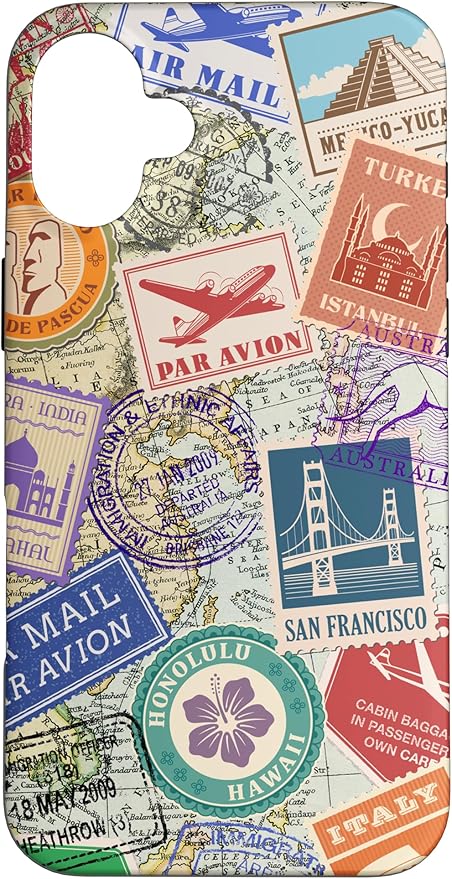 World Map Travel Passport Stamps Postage Stamp Case for iPhone 16 Plus