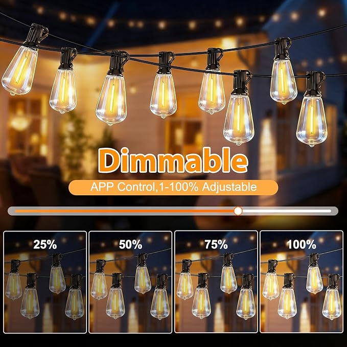 LumBelle Smart Outdoor String Lights, 100FT ST38 LED Patio Lights with Timer Remote APP Control, 42 Shatterproof LED Bulbs (2 Spare), Dimmable Waterproof Hanging Light for Backyard Porch Party Decor