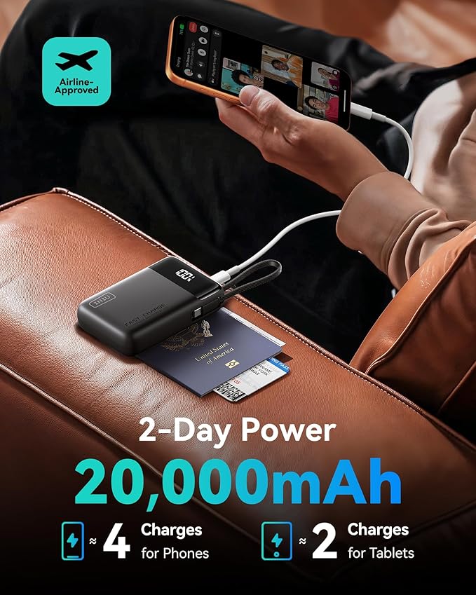 INIU 20000mAh Power Bank, Small Portable Charger, 45W PD Fast Charging Battery Pack with Build in USB-C Cable, Travel Phone Charger for iPhone 17 16 15 14 Air Samsung S25 S24 Google iPad Xiaomi, Black