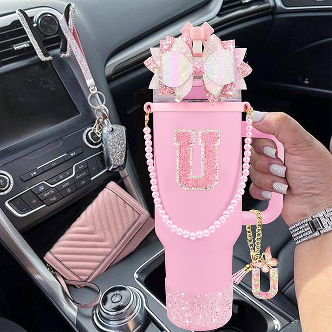 9PCS Pink for Stanley Cup Accessories Set Bling Initials Bow Charms for Stanley Decorations 30/40 Oz Tumbler Accessories Including Bow Straw Topper, Handle Strap, Spill Stopper（Letter U）