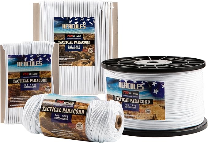 HERCULES 750lb Paracord 4mm 11 Strands Tactical Parachute Cord, 50' 100' 250' 1000' Utility Rope for Camping, Survival, Outdoor Gear (White, 100FT)