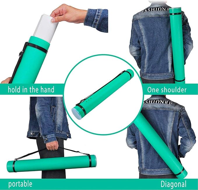 2-Pack Extendable Poster Tubes Expand from 24.5” to 40” with Shoulder Strap | Carry Documents, Blueprints, Drawings and Art | Red and Green Portable Durable Round Storage Cases with Lids and Labels