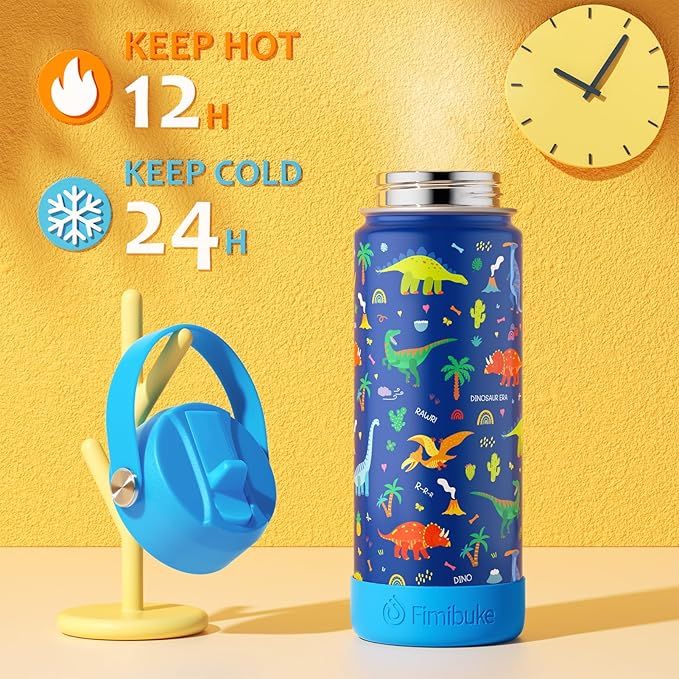 Fimibuke Kids Insulated Water Bottle, 18oz BPA FREE 18/8 Stainless Steel Kids Cup with Straw Travel Tumbler Double Wall Vacuum Leak Proof Toddler Water Bottle for School Boys Girls(1 Pack, Shark)