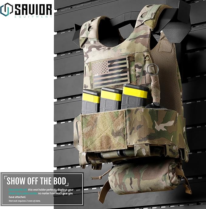 Savior Equipment Wall Rack System Tactical Vest Attachment Gear Wall Mount Display Rack Organizer, Adjustable Width, Heavy-Duty Steel Construction Hold Up to 40 lbs