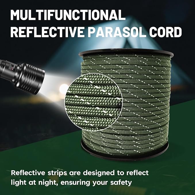 SDHUATUO Paracord Rope 200FT, 550lb Type III Nylon Parachute Cord 7-Strand Core with Reflective Strips, Utility String for Survival, Camping Gear, Hiking, DIY, Crafting, Outdoor, ArmyGreen