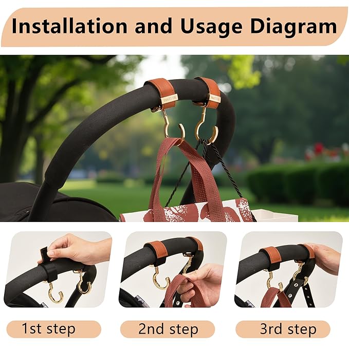 2 Pack Stroller Hooks,Strong Synthetic Leather Hook-and-Loop Fastener&High-Quality Metal Hooks,Universal Bag Clip|360° Rotation, 66lb Capacity,Non-Slip-Fits Wheelchair(Pink-Silver)