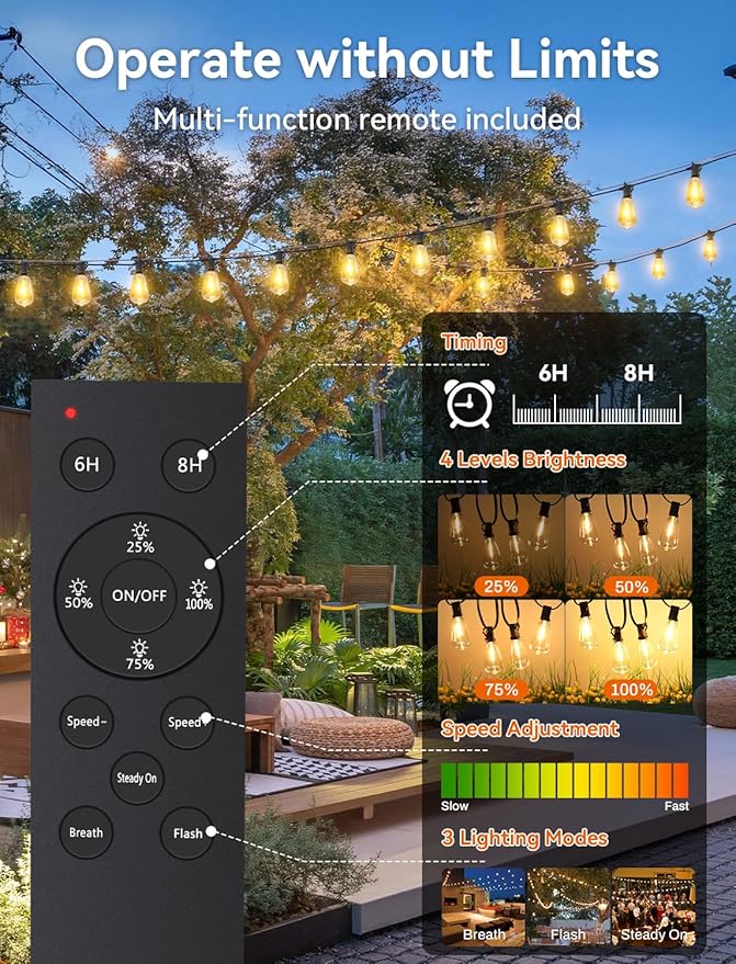 Brightever 75FT Solar String Lights Outdoor Waterproof with Remote, 34+1 Shatterproof ST38 LED Bulbs, 3 Lighting Modes & Warm White, Dimmable Outdoor Solar Lights for Backyard, Bistro, Deck