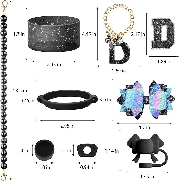 9PCS Black for Stanley Cup Accessories Set Bling Initials Bow Charms for Stanley Decorations 30/40 Oz Tumbler Accessories Including Bow Straw Topper, Handle Strap, Spill Stopper（Letter D）