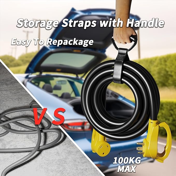 PlugSaf 50 FT 30 Amp RV Extension Cord Outdoor with Grip Handle, Flexible Heavy Duty 10/3 Gauge STW RV Power Cord Waterproof with Cord Organizer, NEMA TT-30P to TT-30R, Black-Yellow, ETL Listed