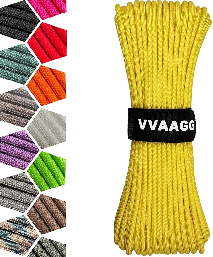 VVAAGG 1000 Yellow Paracord 100FT Utility Parachute Cord 4mm Nylon String12 Strand Nylon Camping Rope, Tent Rope, Clothsline Rope for Survival & Camping Gear