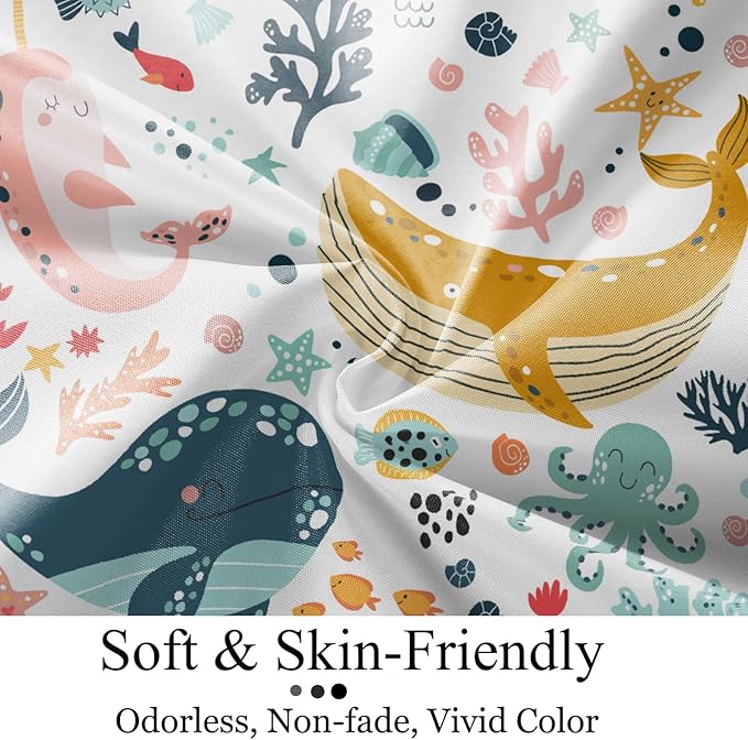 Kids Whale Shower Curtain, Funny Cute Ocean Fish Cartoon Sealife Under Sea Coral Starfish Bath Curtain Waterproof Fabric Machine Washable with Hooks, 72" Wx78 L