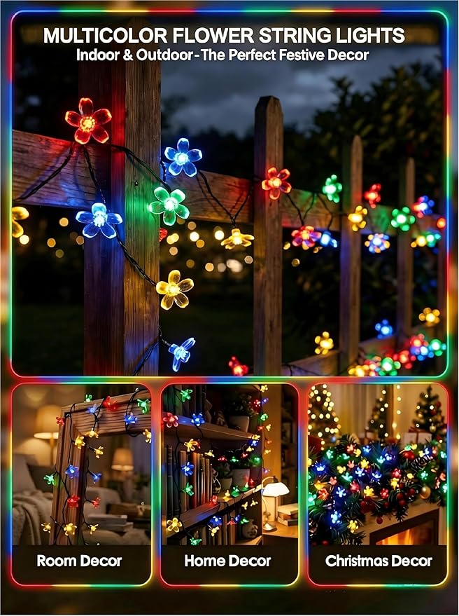 ITICdecor Solar Flower String Lights Outdoor Waterproof 50 LED Solar Powered Fairy Lights for Garden, Fence, Patio, Yard, Christmas Tree & Party Decor (Multi-Color)