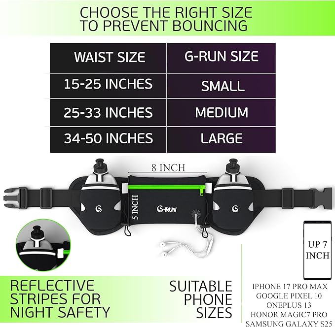 Q-RUN Hydration Running Belt with 2 x 10oz Water Bottles, No Bounce Adjustable Waist Belt for Men & Women, Marathon Running Gear