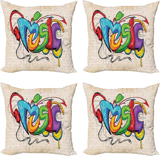 Ambesonne Music Throw Pillow Cushion Case Pack of 4, Illustration of Graffiti Style Lettering Headphones Hip Hop Theme on Beige Bricks, Modern Accent Double-Sided Digital Printing, 20", Tan Green