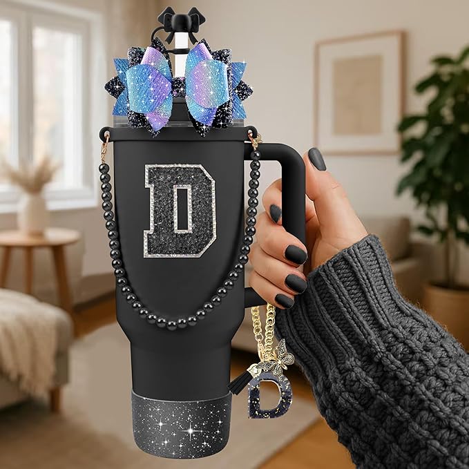 9PCS Black for Stanley Cup Accessories Set Bling Initials Bow Charms for Stanley Decorations 30/40 Oz Tumbler Accessories Including Bow Straw Topper, Handle Strap, Spill Stopper（Letter D）